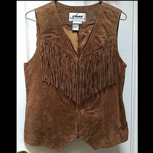 Vntg Suede Leather Fringed Vest, Festival Hippie BOHO Cowgirl, Chestnut Tan S